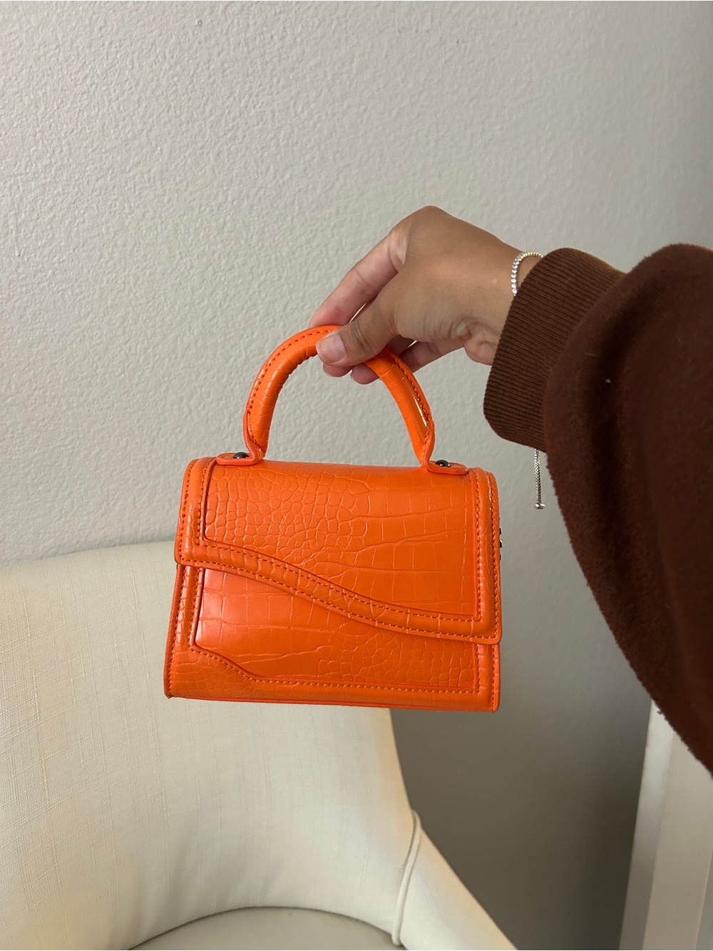 Orange Croc-Texture Top Handle Bag - Unbranded